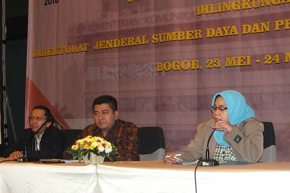 Kasubag Verifikasi dan Pembukuan, Bagian Keuangan, Sri Winarni, ketika membuka Sosialisasi Pengelolaan Keuangan Ditjen SDPPI di Bogor, Jawa Barat, Kamis (24/5/2018).