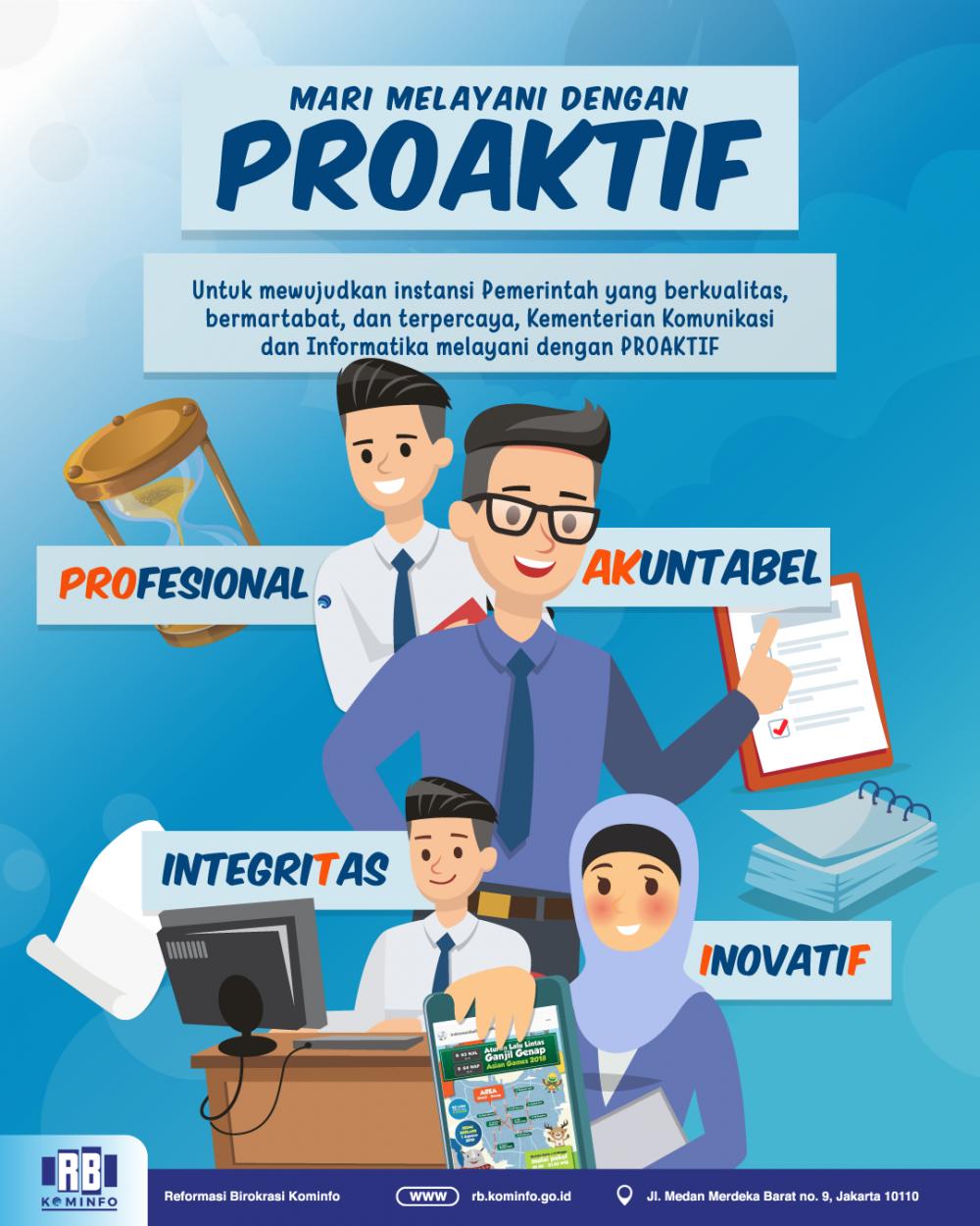 Nilai-Nilai Kementerian Kominfo adalah PROAKTIF : Profesional, Akuntabel, Integritas, Inovatif