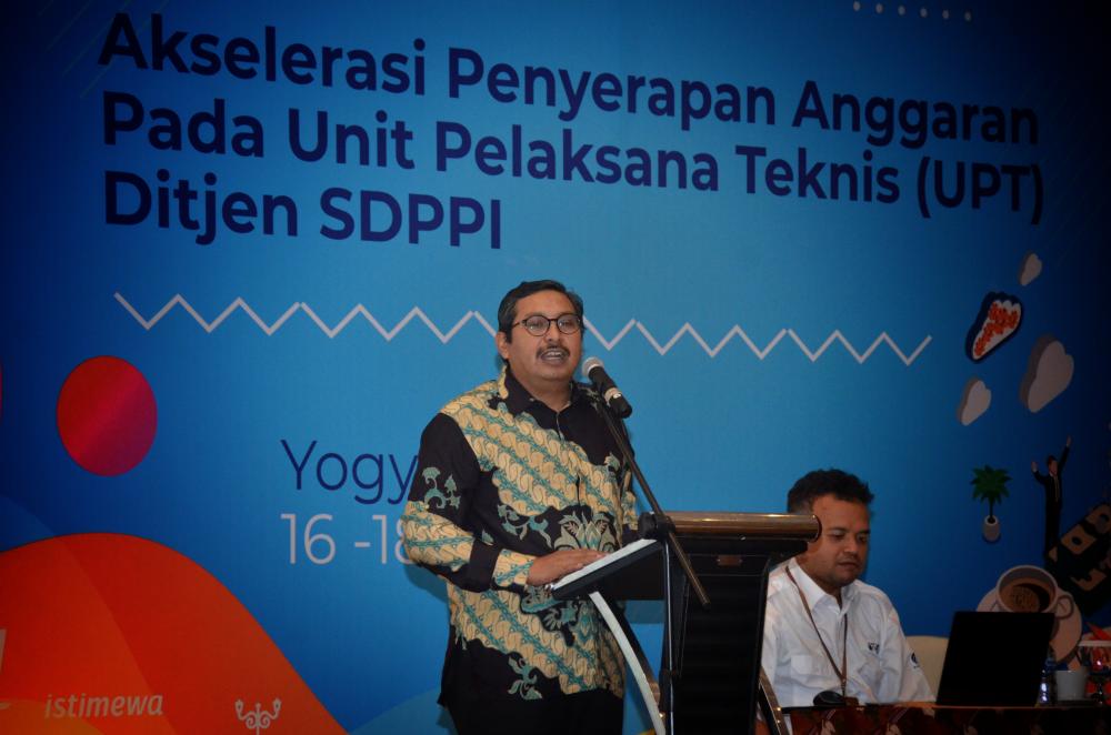 Dirjen SDPPI Ismail, saat memberikan arahan pada  acara Akselerasi Penyerapan Anggaran pada Unit Pelaksana Teknis (UPT) Ditjen SDPPI, di Hotel Alana Yogyakarta, Senin (17/2/2020).