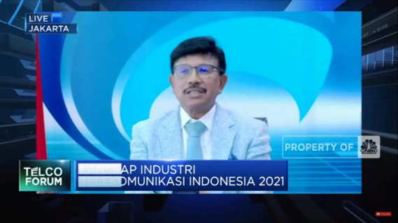 Ilustrasi: Menteri Komunikasi dan Informatika Johnny G Plate menjadi pembicara pada seminar daring CNBC Indonesia bertajuk Telco Forum 2021: 5G Masa Depan Komunikasi RI, Rabu (28/4/2021)