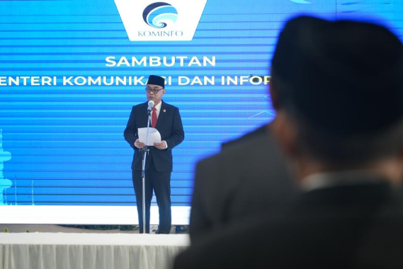 Ilustrasi: Menkominfo Budi Arie Setiadimemberi sambutan dalam acara Pelantikan Kembali 10 Pimpinan Tinggi Madya di lingkungan Kementerian Komunikasi dan Informatika, Rabu (2/08/2023).