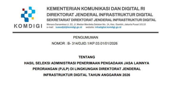 Ilustrasi: Artikel hasil seleksi administrasi PJLP Ditjen Infradigi tahun 2026
